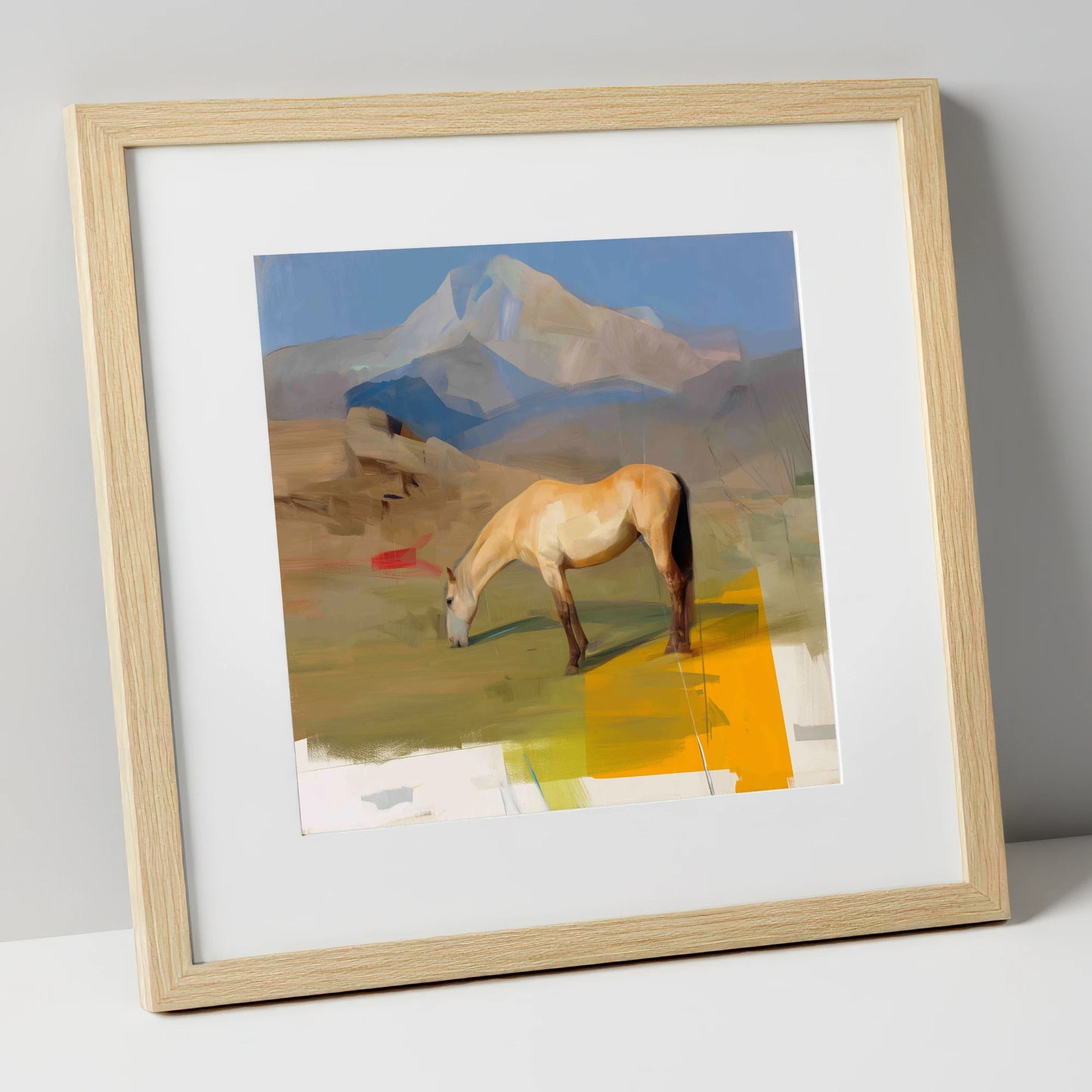 Golden Mountain Pasture horse landscape art print in natural frame