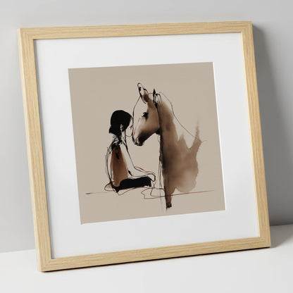 The Shared Breath horse & rider art print in natural frame