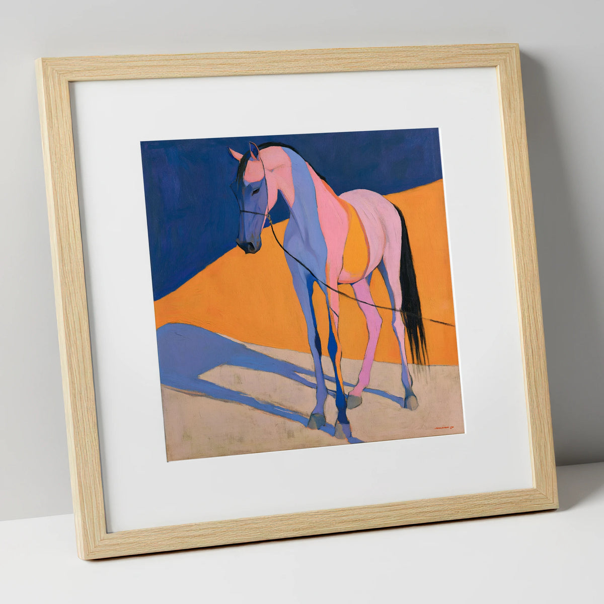 Pink and Blue Abstract Horse horse breed art print in natural frame