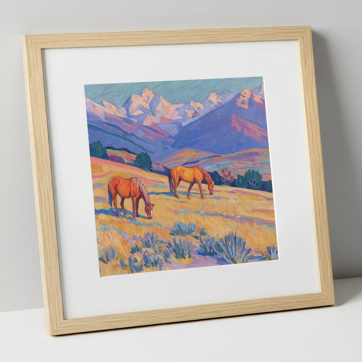 Grazing Beneath Violet Peaks horse landscape art print in natural frame