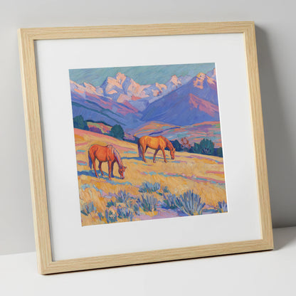 Grazing Beneath Violet Peaks horse landscape art print in natural frame