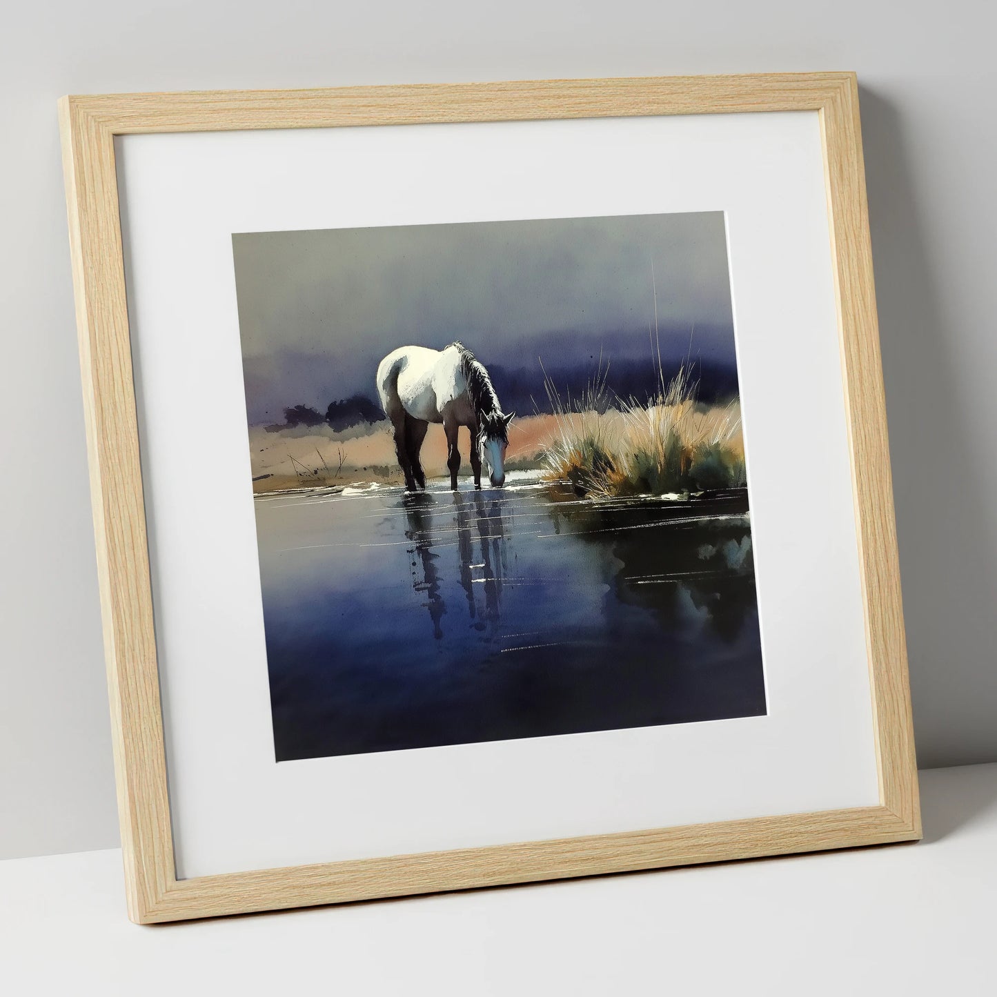 Indigo Reflections horse landscape art print in natural frame