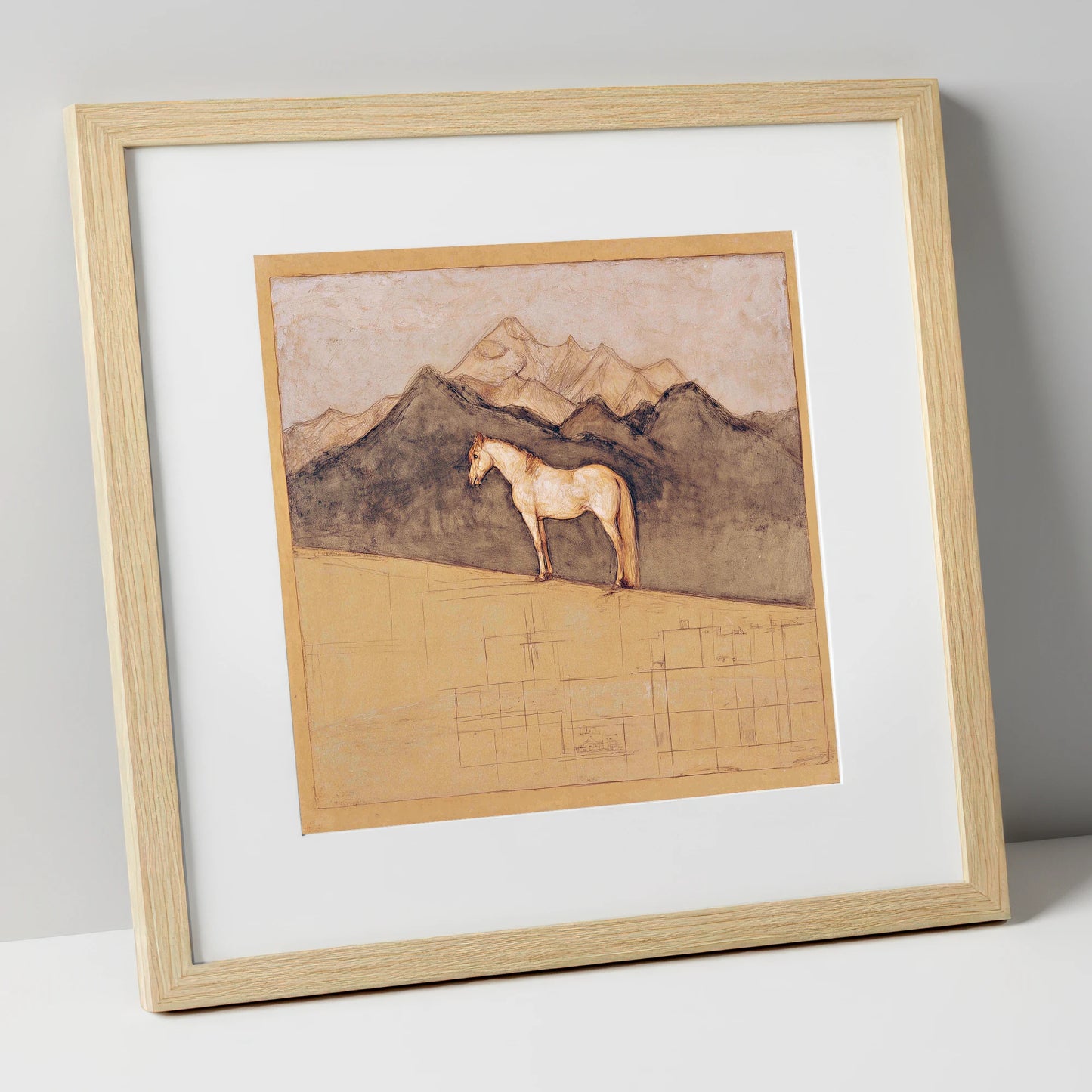 Mountain Sentinel horse landscape art print in natural frame