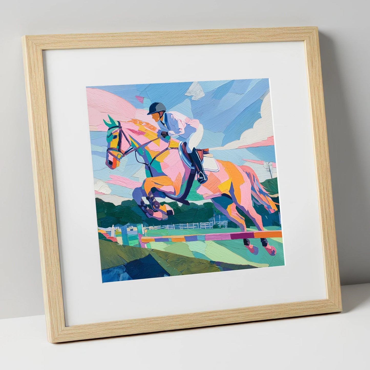 Kaleidoscope Leap show jumping horse art print in natural frame