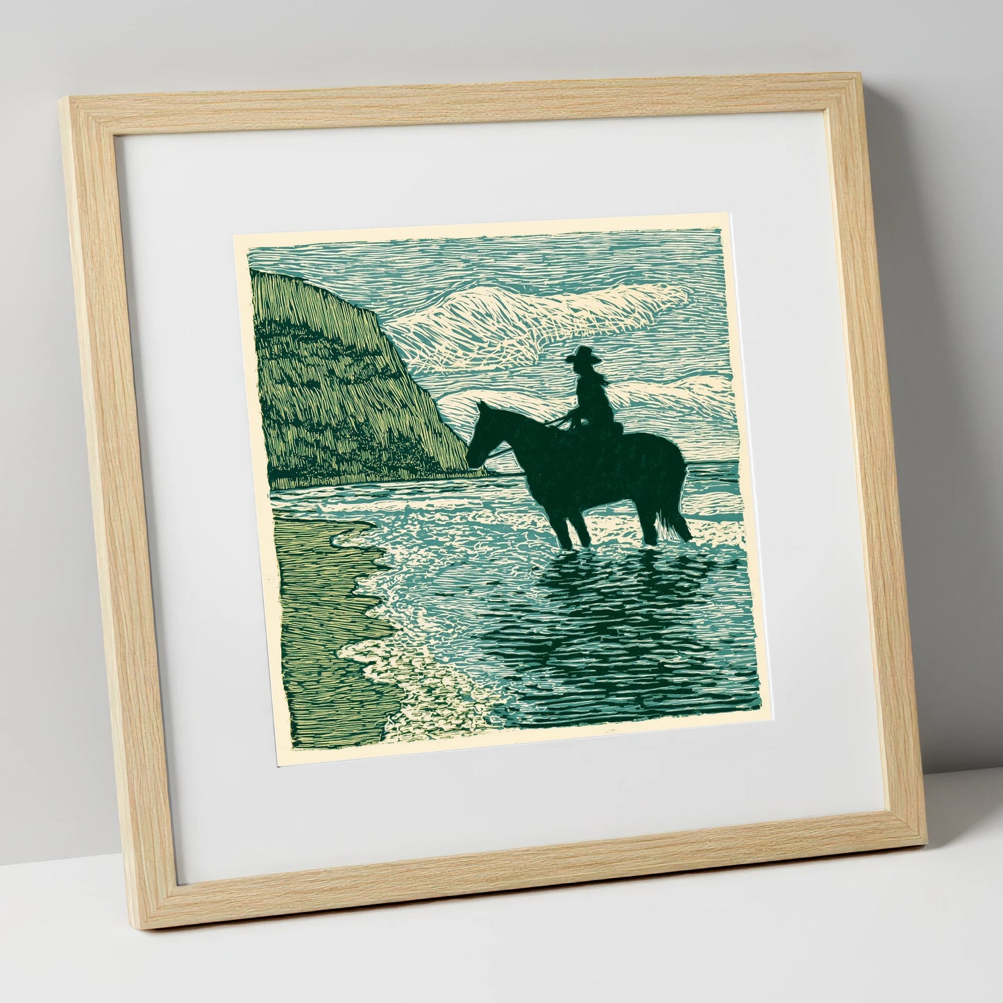 Edge of the Tide beach horse art print in natural frame