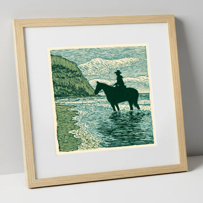 Edge of the Tide beach horse art print in natural frame
