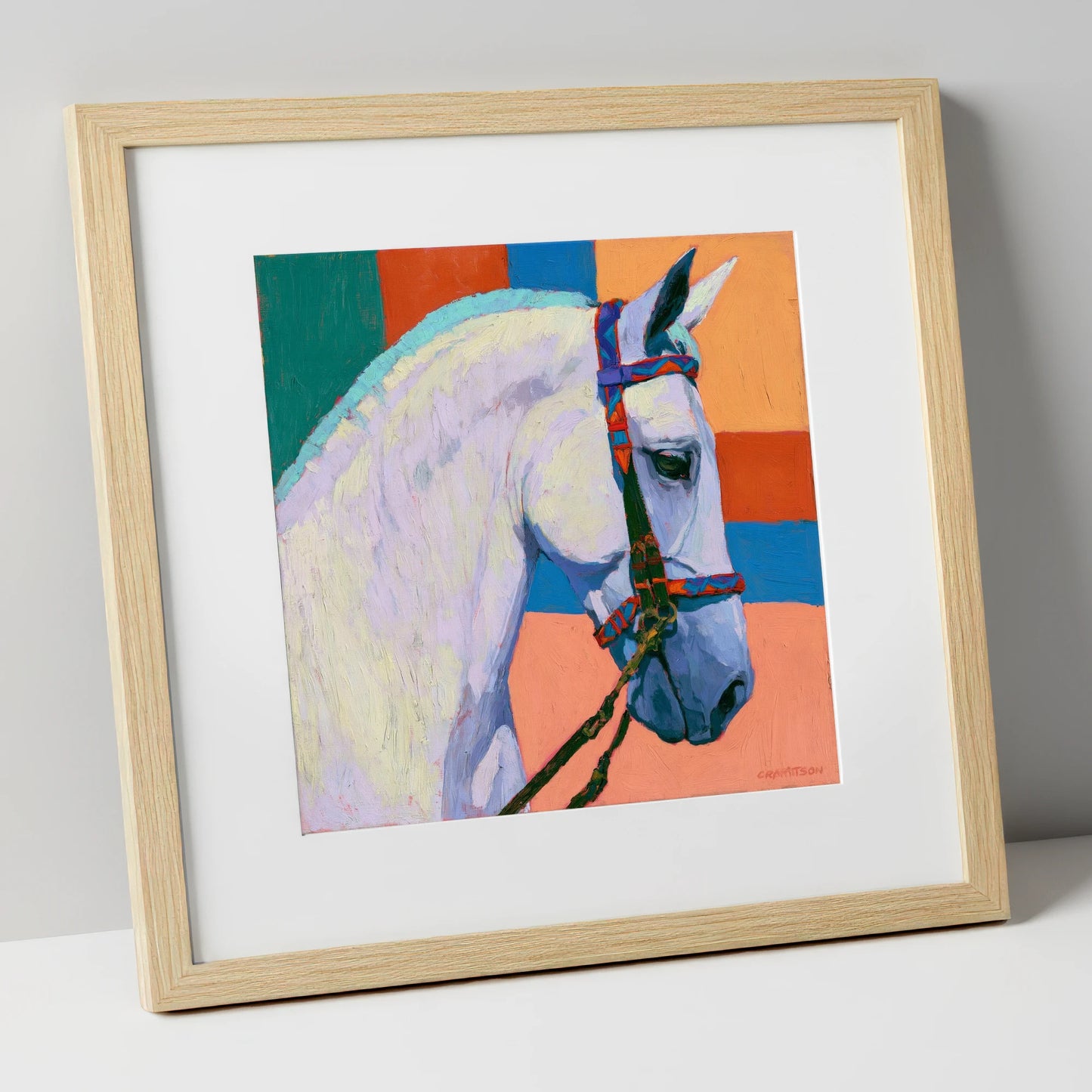 Grey Horse With Patterned Bridle horse breed art print in natural frame