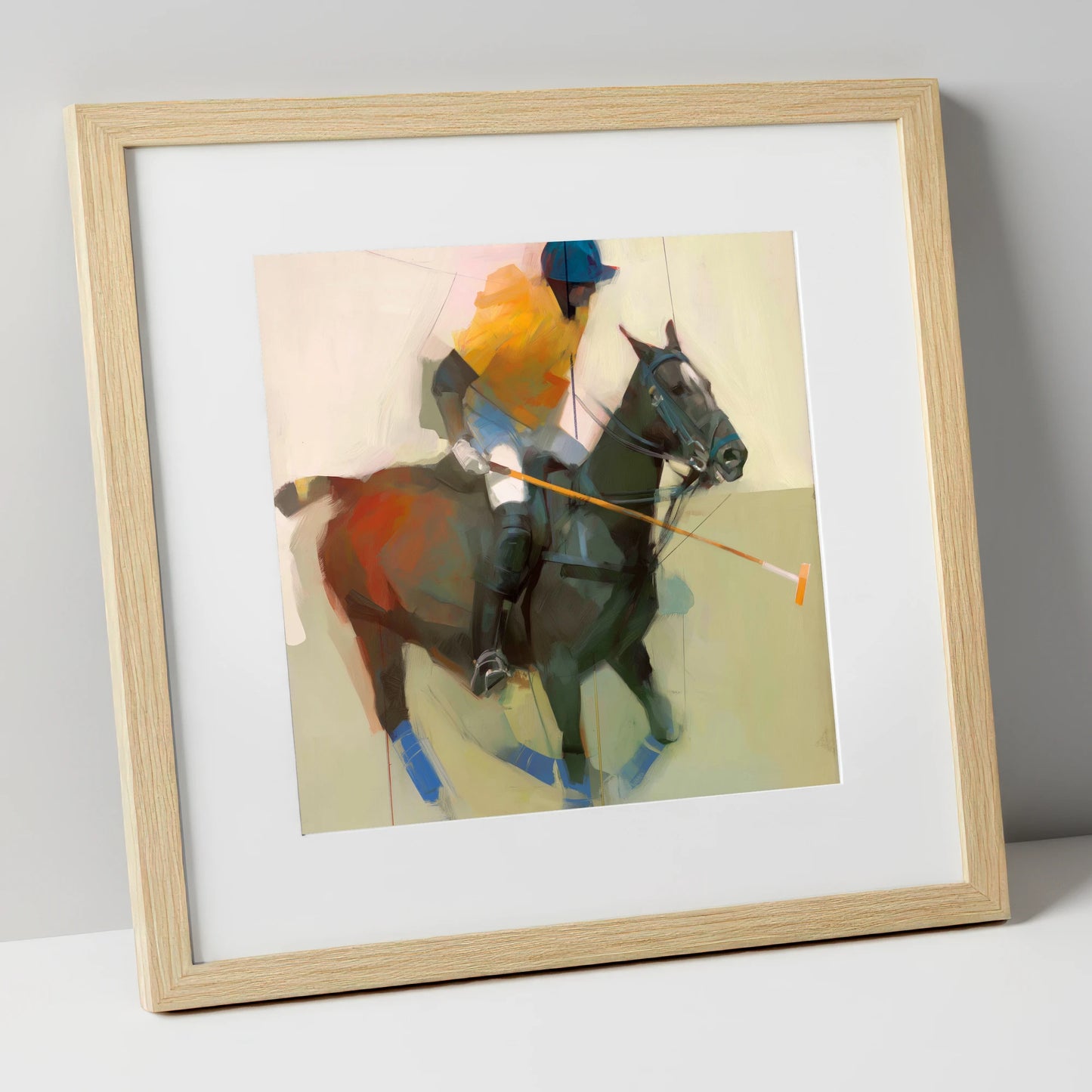 The Offside Drive polo horse art print in natural frame