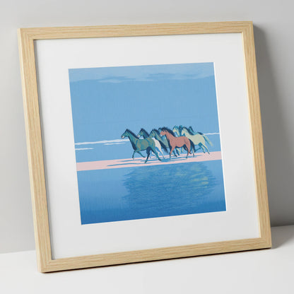 Coastal Canter wild horses art print in natural frame