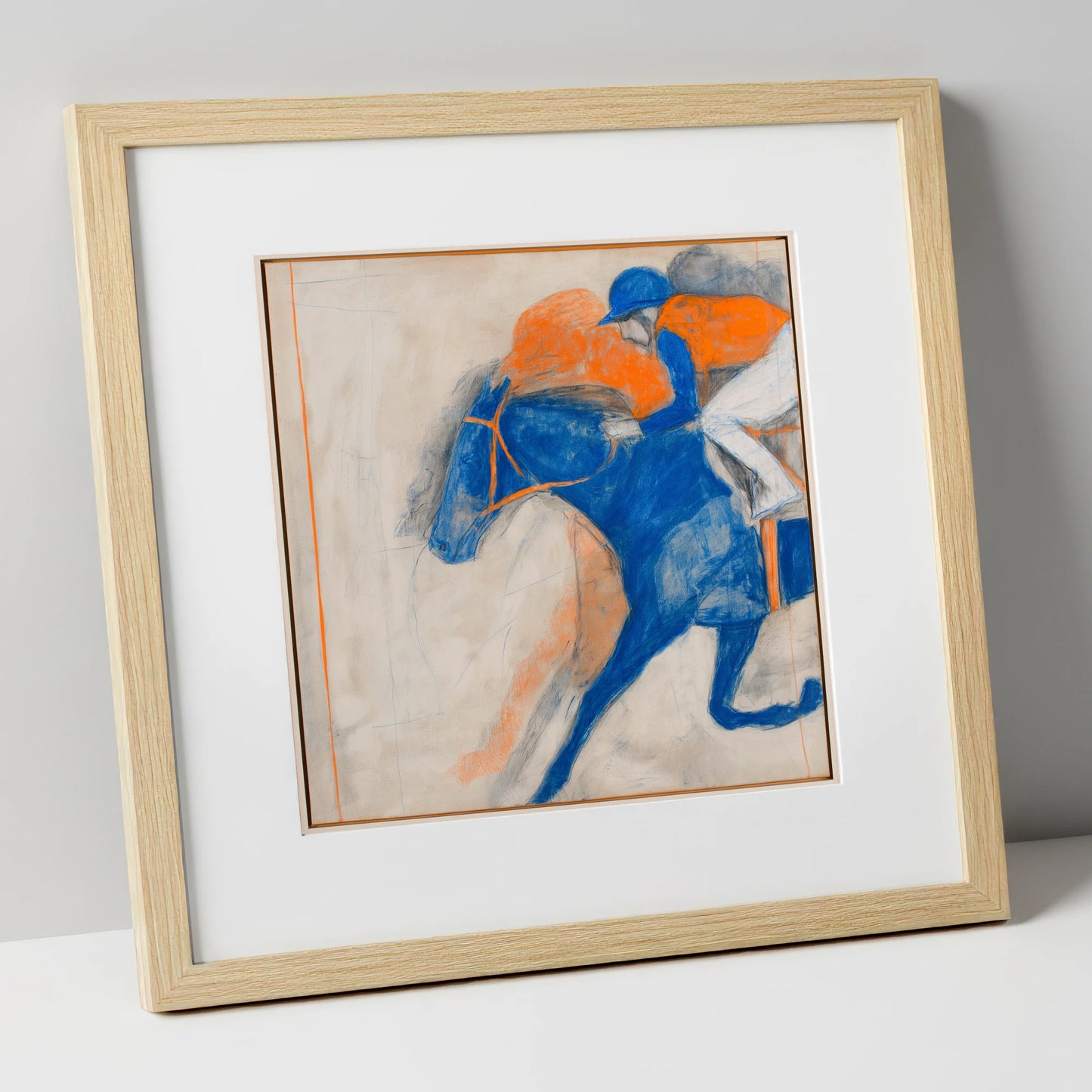 Cobalt Surge racing horse art print in natural frame