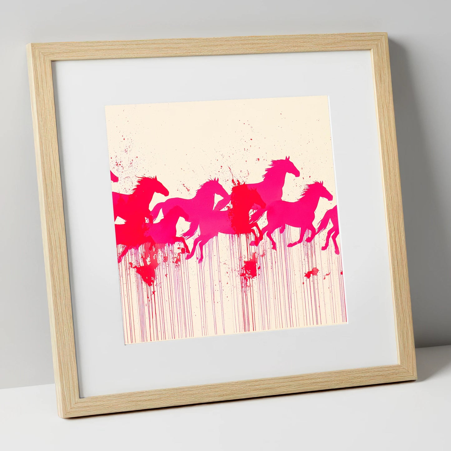 Vivid Magenta Herd wild horses art print in natural frame