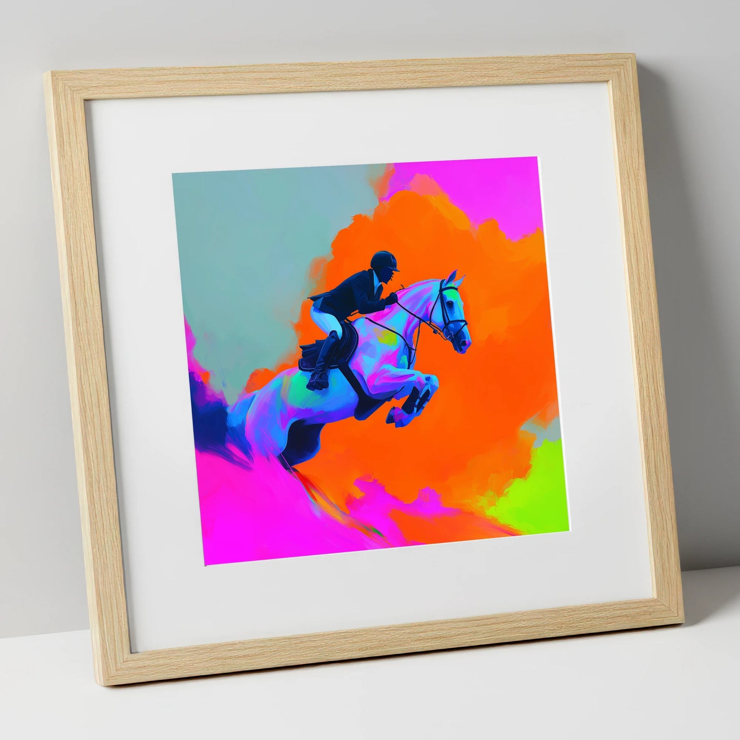Vivid Showjumping Flight show jumping horse art print in natural frame