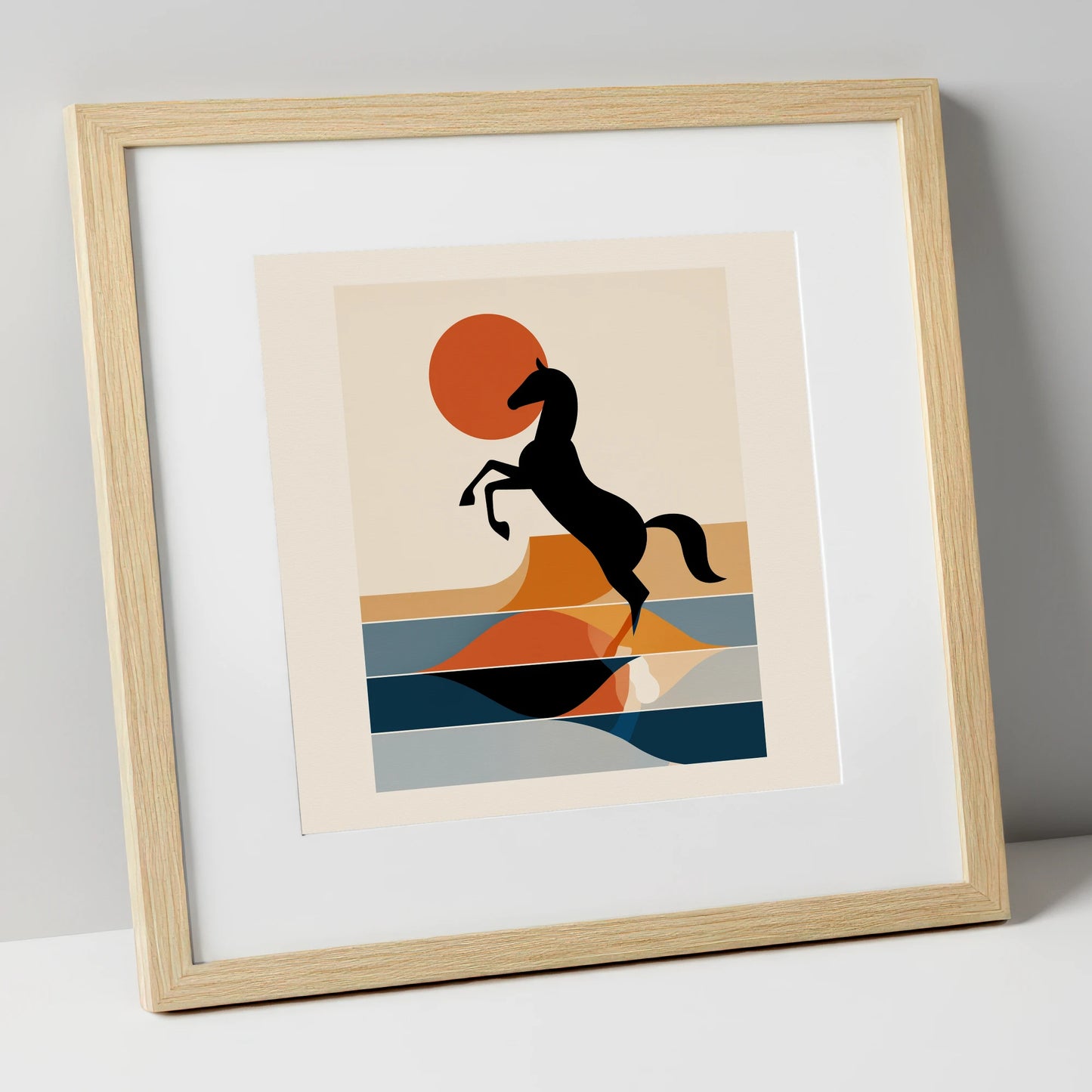 Terracotta Sun Silhouette wild horses art print in natural frame