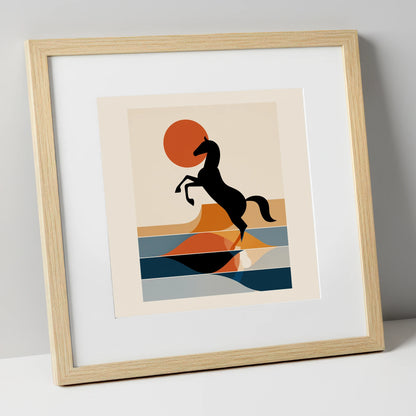 Terracotta Sun Silhouette wild horses art print in natural frame