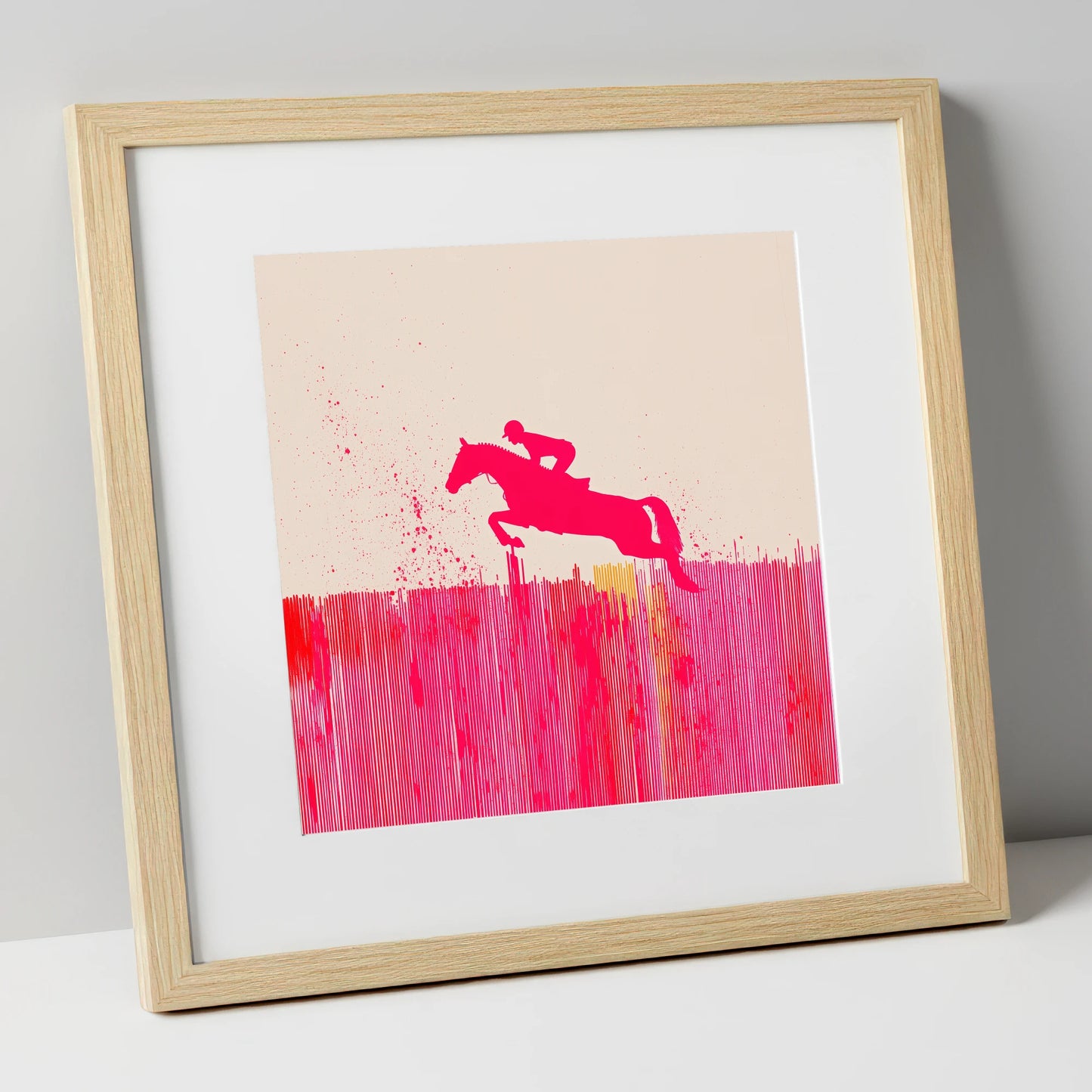 Vibrant Magenta Leap show jumping horse art print in natural frame