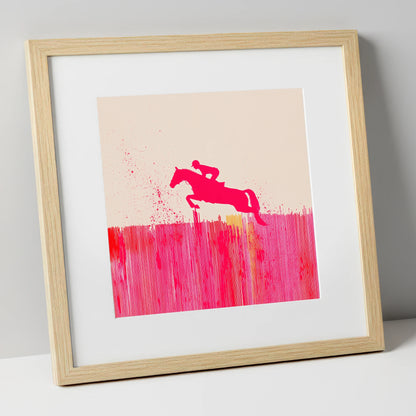 Vibrant Magenta Leap show jumping horse art print in natural frame