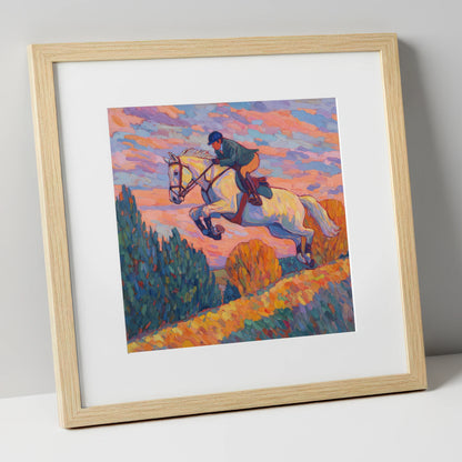 Airborne at Dusk show jumping horse art print in natural frame