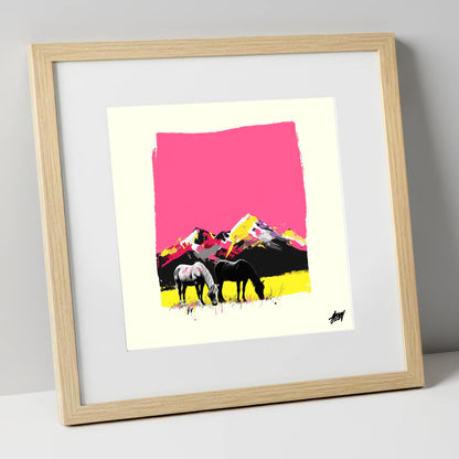 Vibrant Mountain Pastures horse landscape art print in natural frame