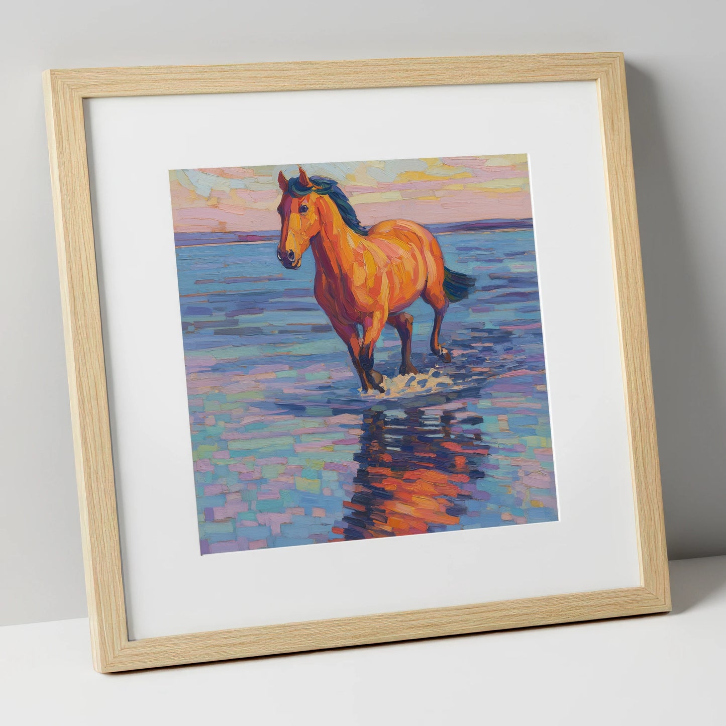 Sunset Shallows Stride beach horse art print in natural frame