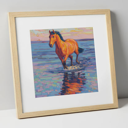 Sunset Shallows Stride beach horse art print in natural frame