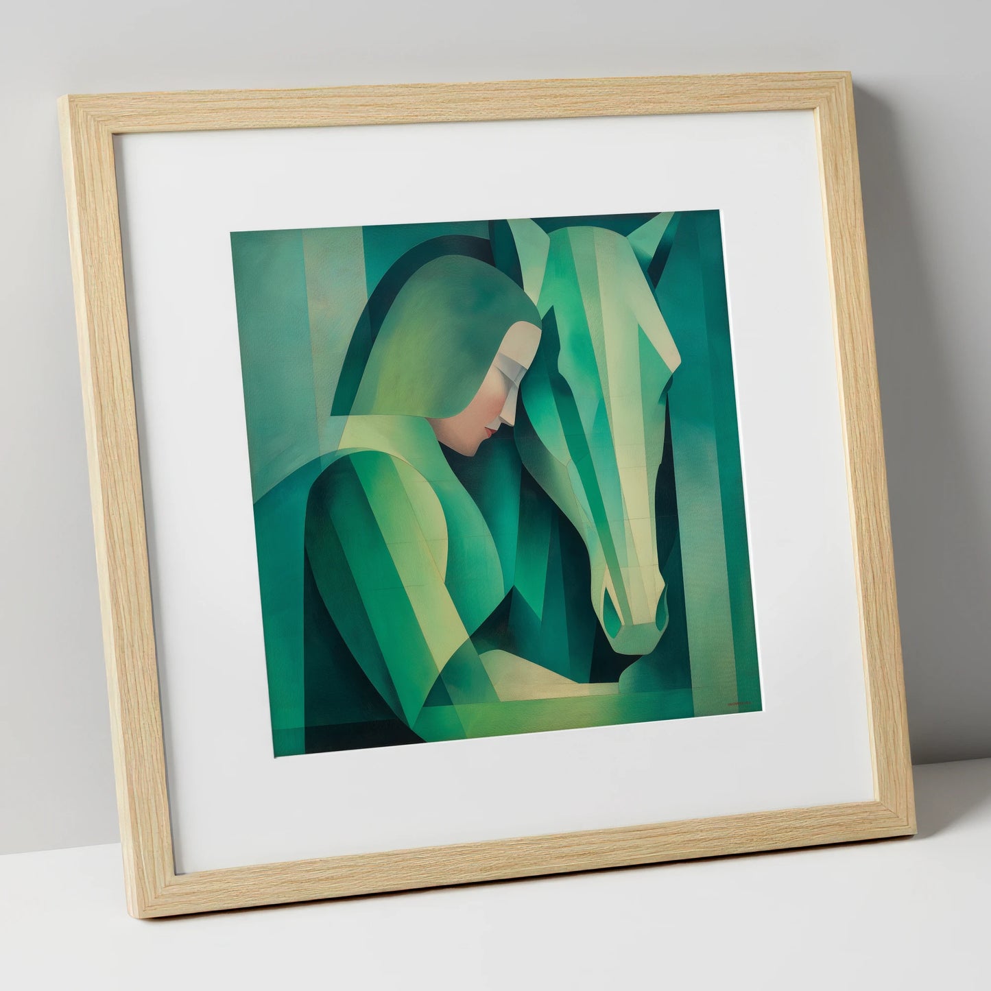 The Emerald Bond horse & rider art print in natural frame