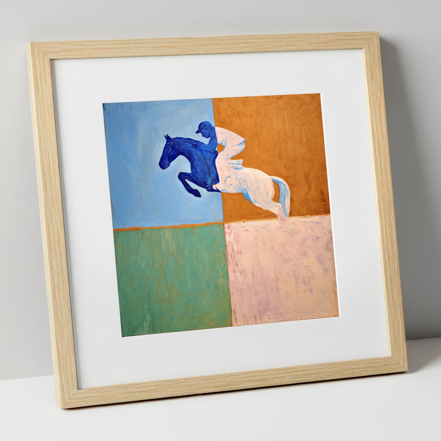 Abstract Cobalt Leap show jumping horse art print in natural frame
