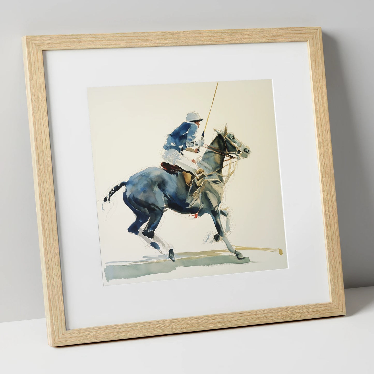Mid-Chukka Momentum polo horse art print in natural frame