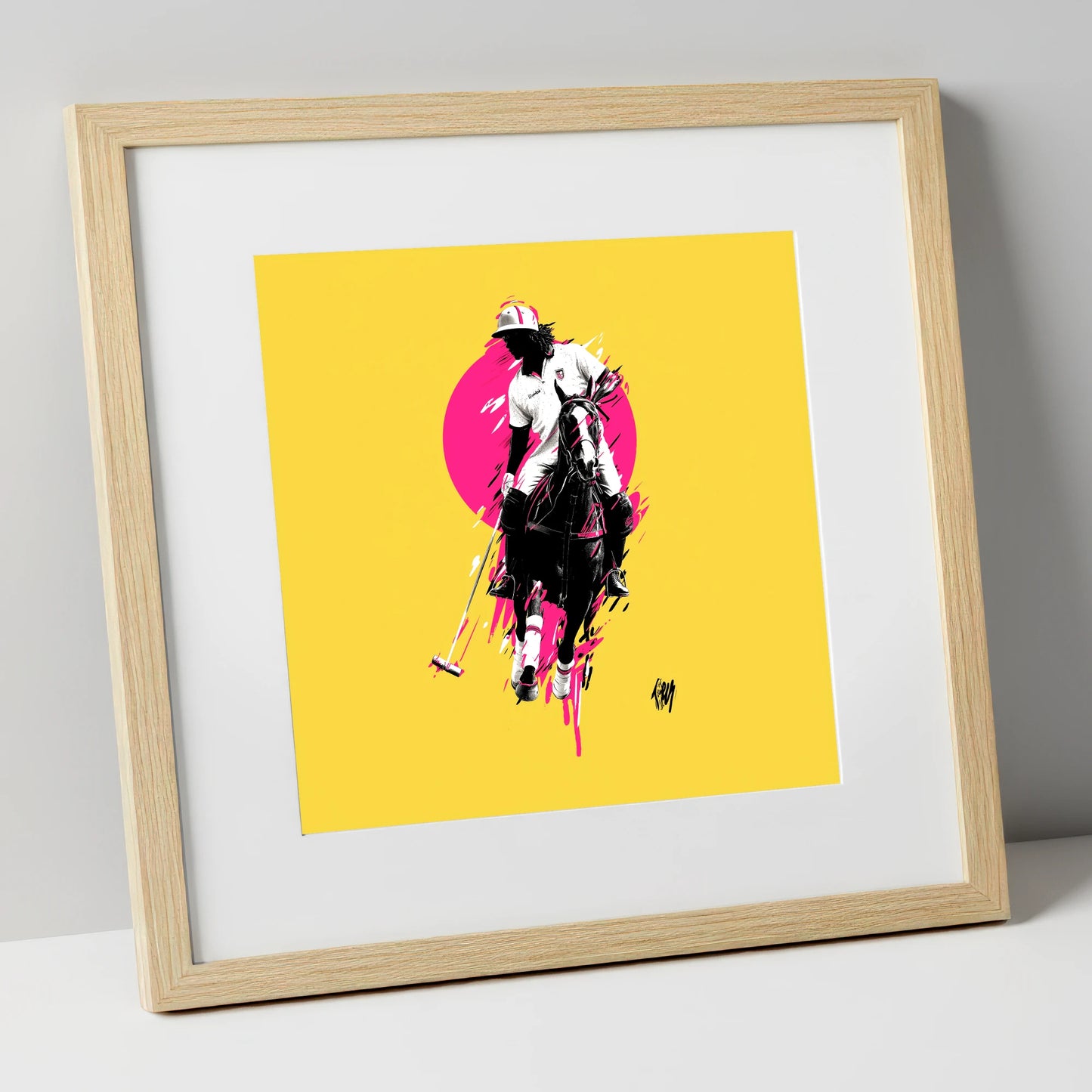 The Vibrant Chukka polo horse art print in natural frame