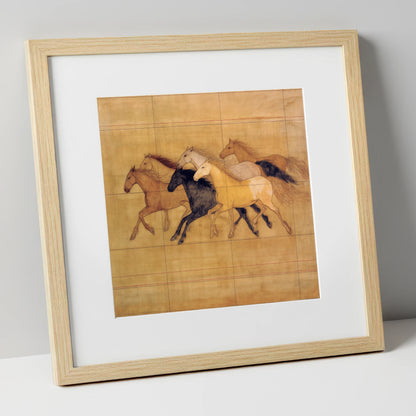 Classical Herd Study wild horses art print in natural frame