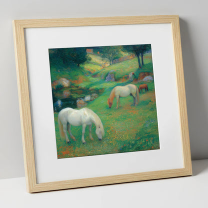 Emerald Valley Pasture horse landscape art print in natural frame