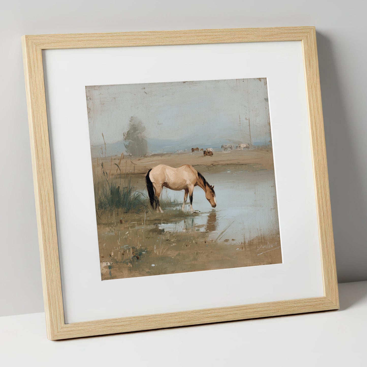 Buckskin by the Shallows horse landscape art print in natural frame