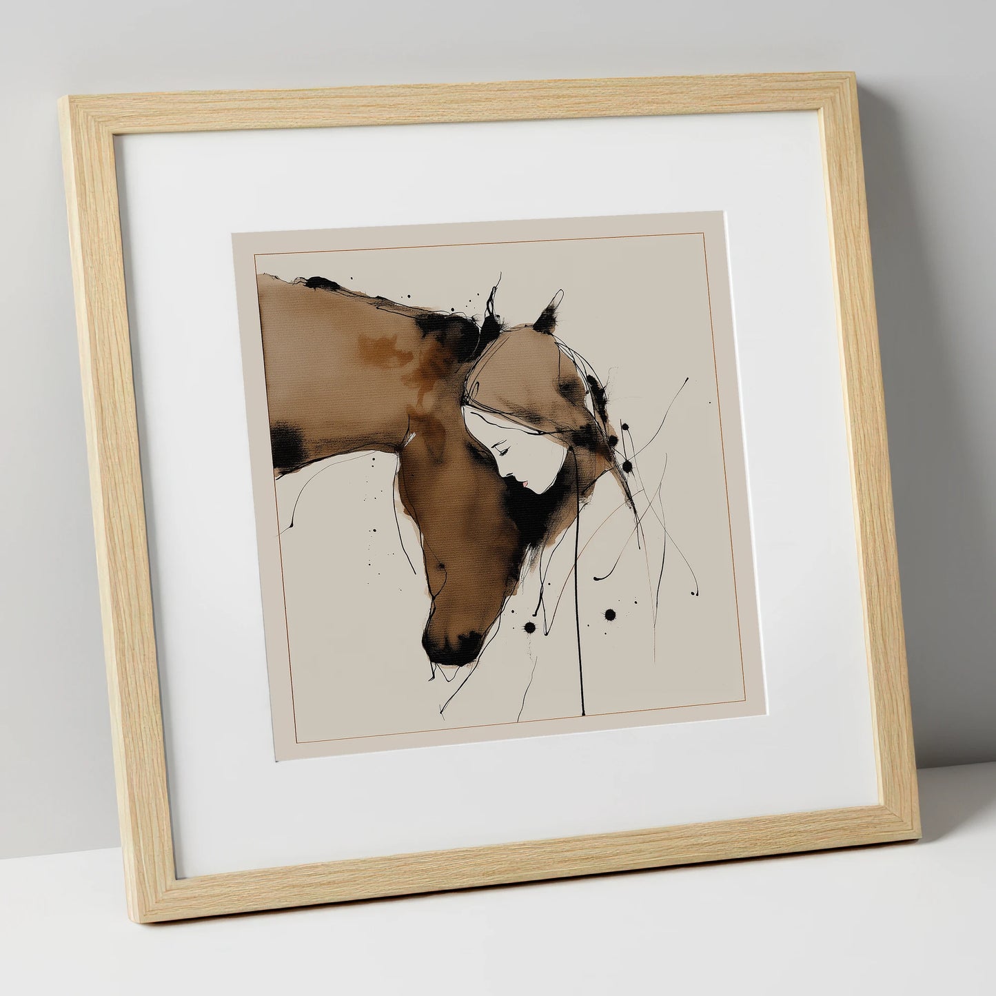 Unspoken Harmony horse & rider art print in natural frame