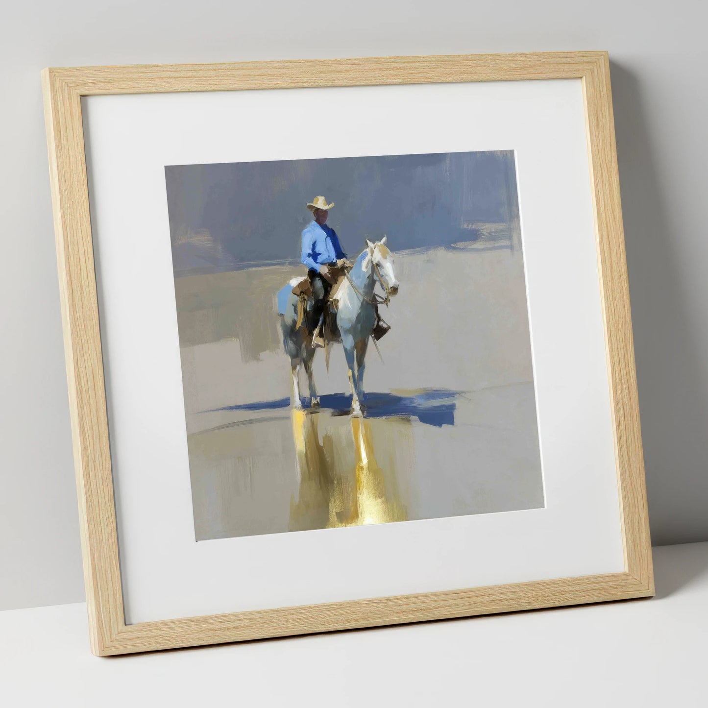 The Sunlit Rider western horse art print in natural frame