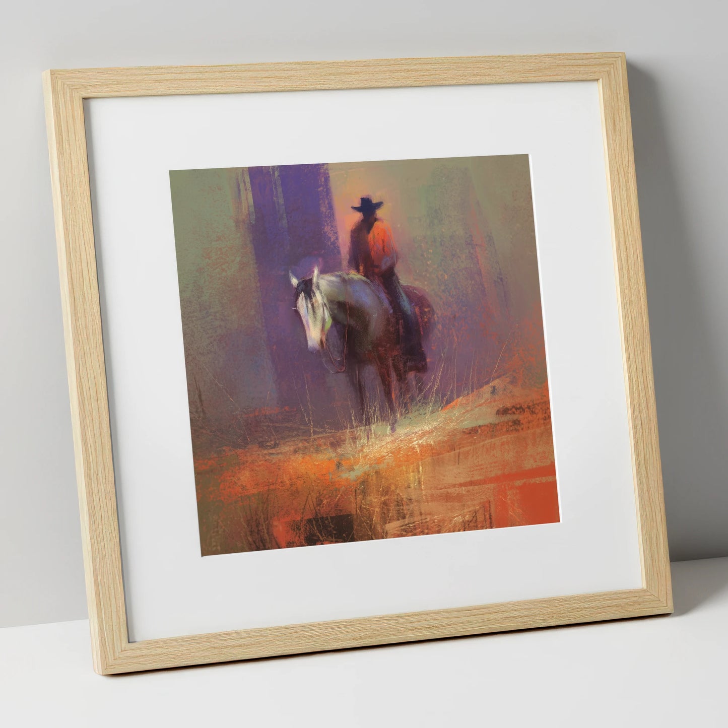 The Solitary Rider western horse art print in natural frame