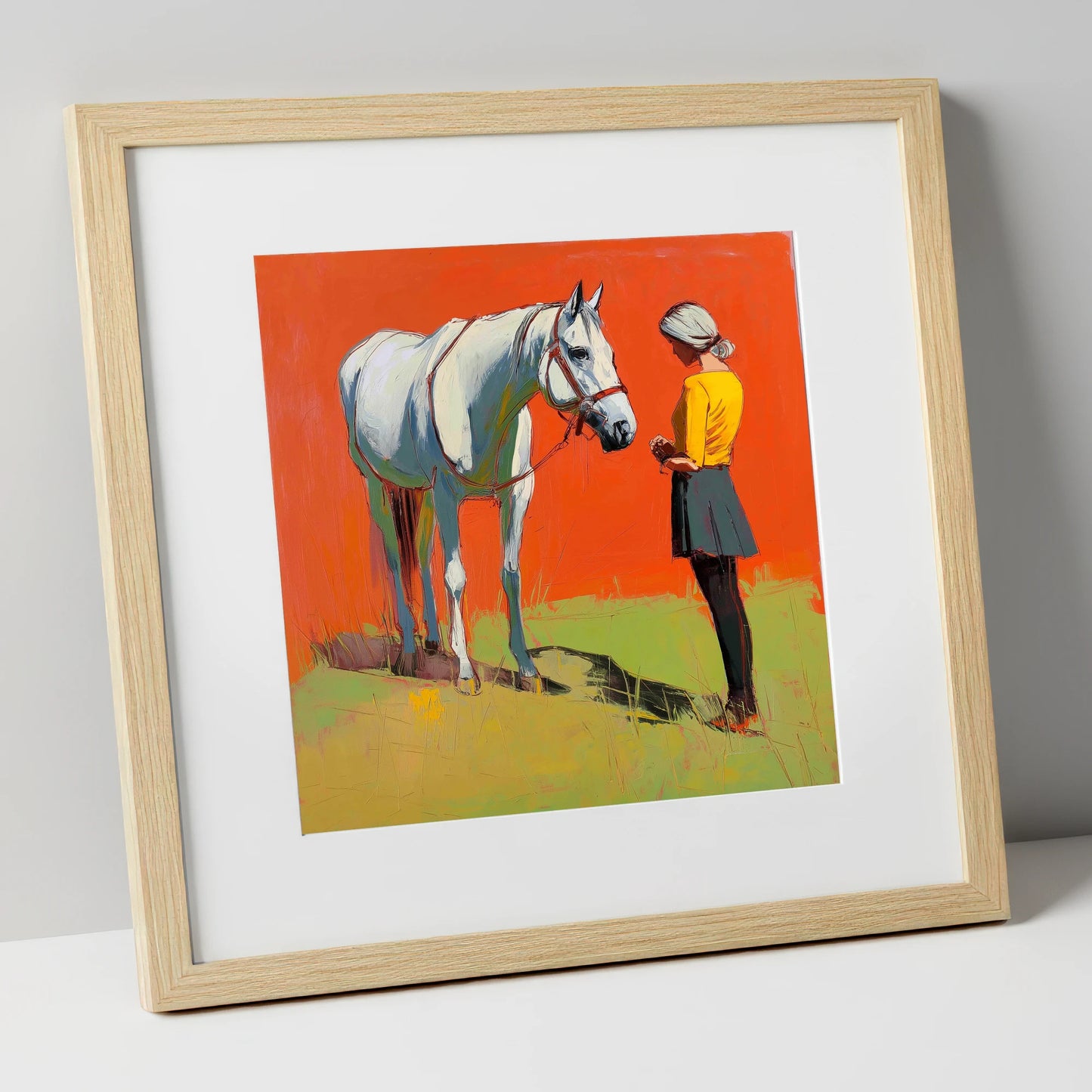A Quiet Understanding horse & rider art print in natural frame