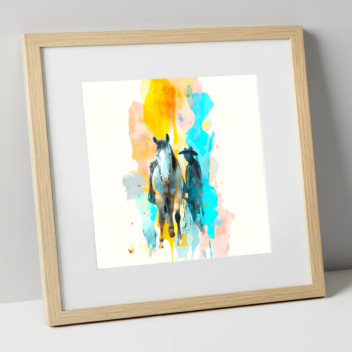 Vibrant Frontier Bond western horse art print in natural frame