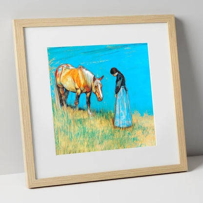 Cerulean Bond horse & rider art print in natural frame