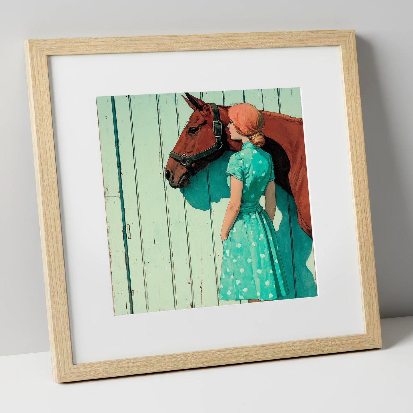 Shadows in Mint and Chestnut horse & rider art print in natural frame
