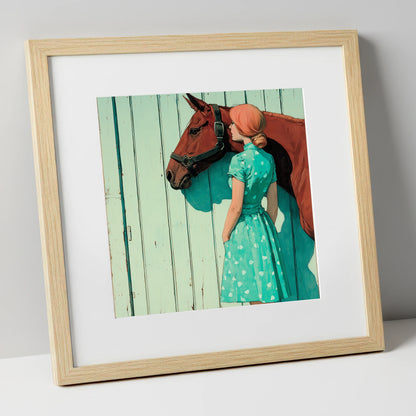 Shadows in Mint and Chestnut horse & rider art print in natural frame