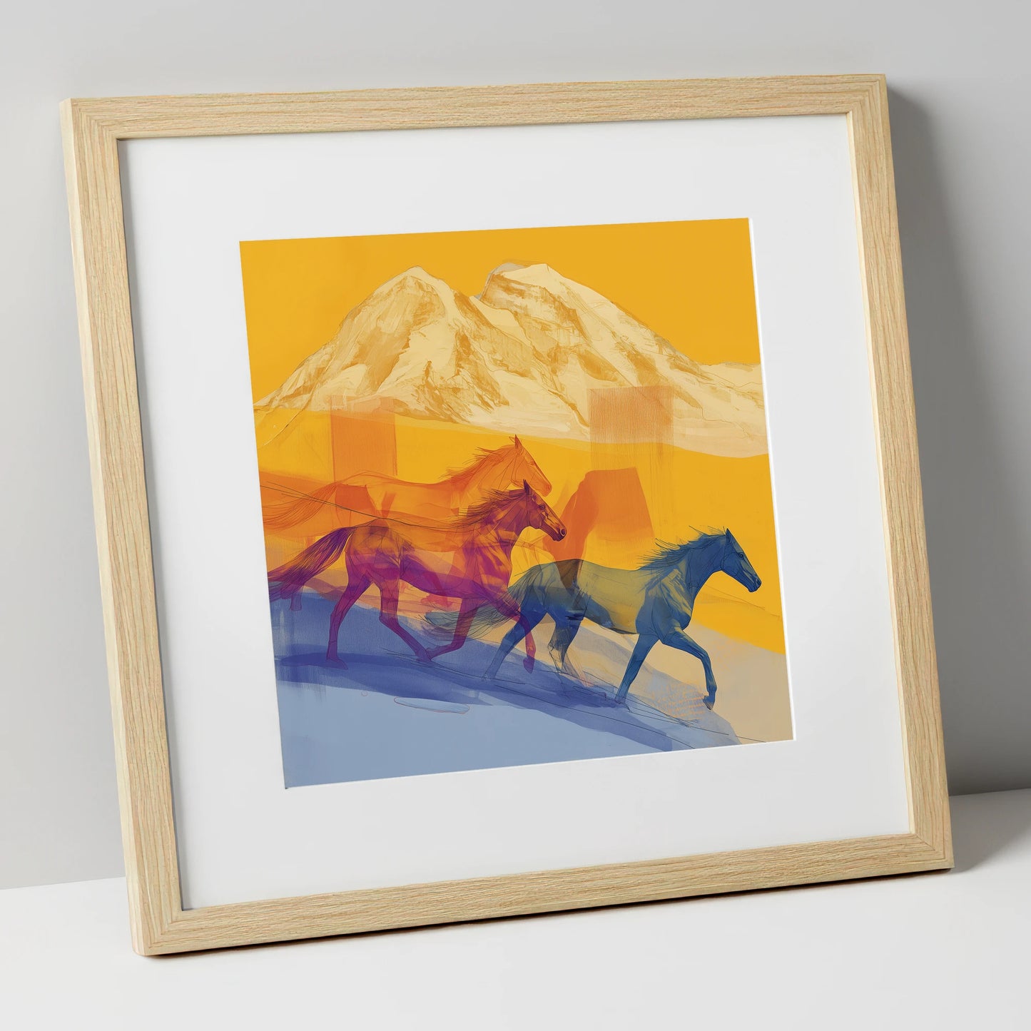 Golden Mountain Canter horse landscape art print in natural frame