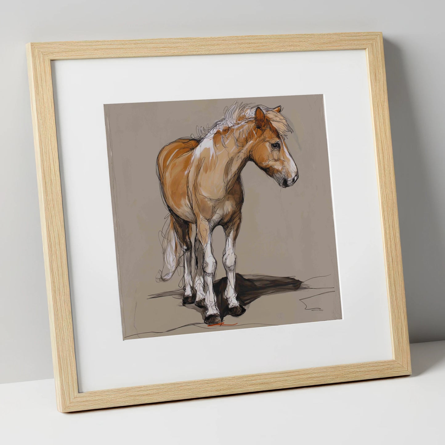 Quiet Flaxen Study horse breed art print in natural frame