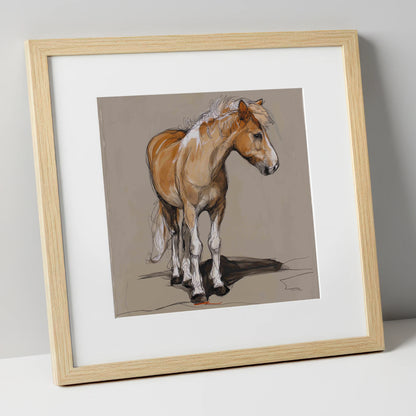 Quiet Flaxen Study horse breed art print in natural frame