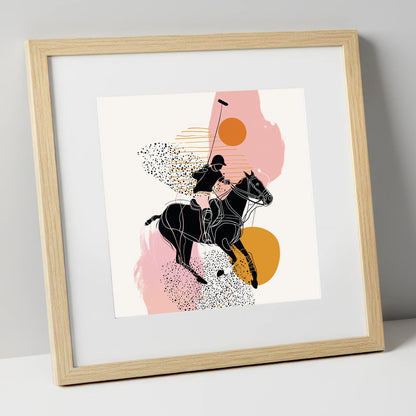 Modern Polo Strike polo horse art print in natural frame
