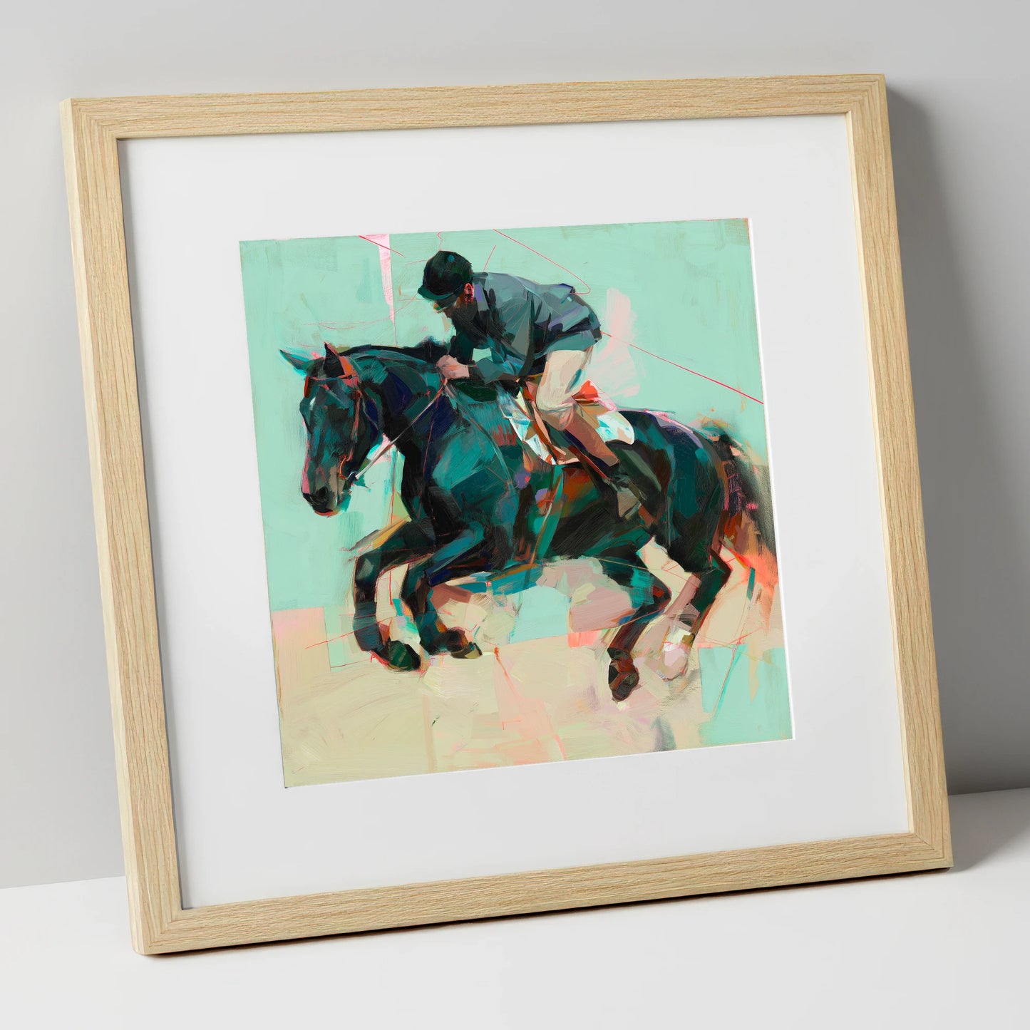 Modern Showjumper show jumping horse art print in natural frame