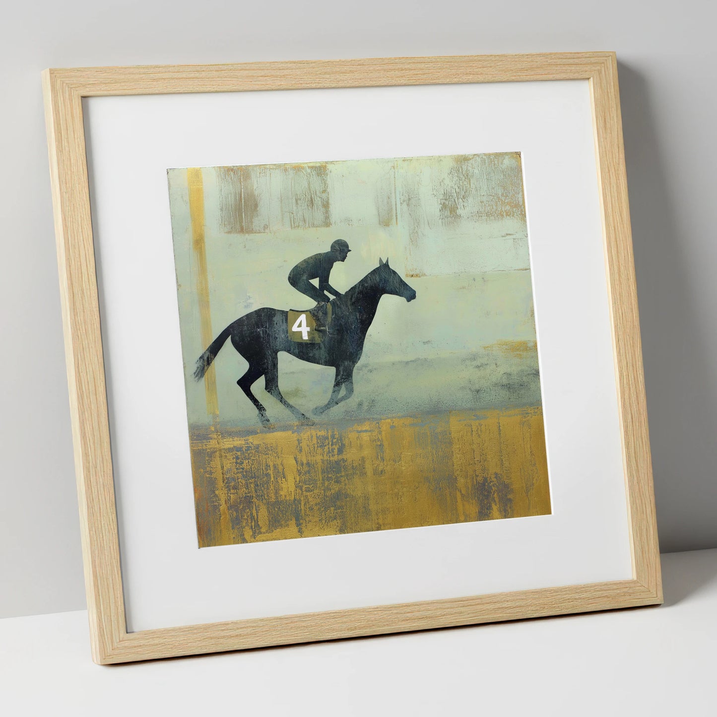 The Gilded Gallop racing horse art print in natural frame