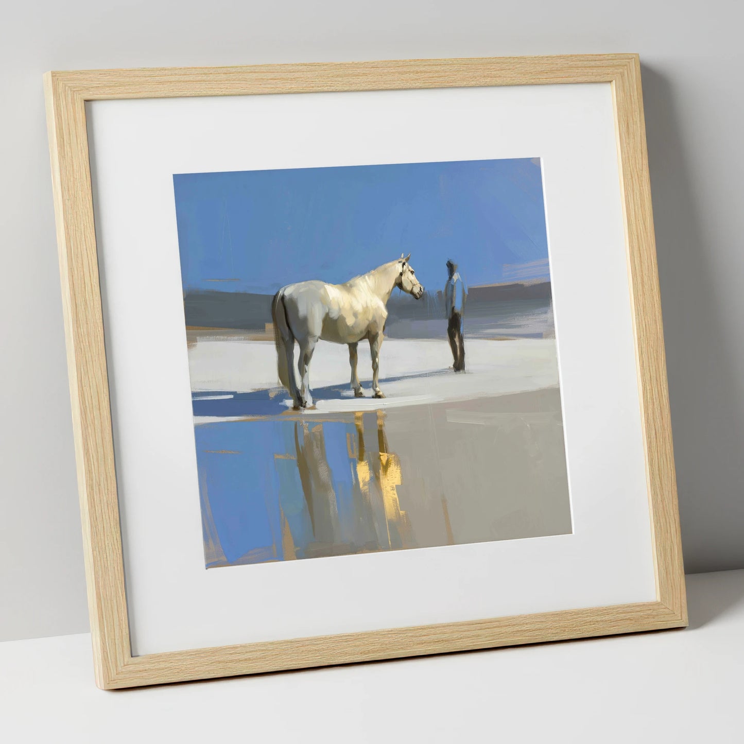 Shared Blue Horizon horse & rider art print in natural frame