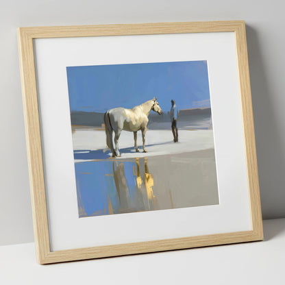 Shared Blue Horizon horse & rider art print in natural frame