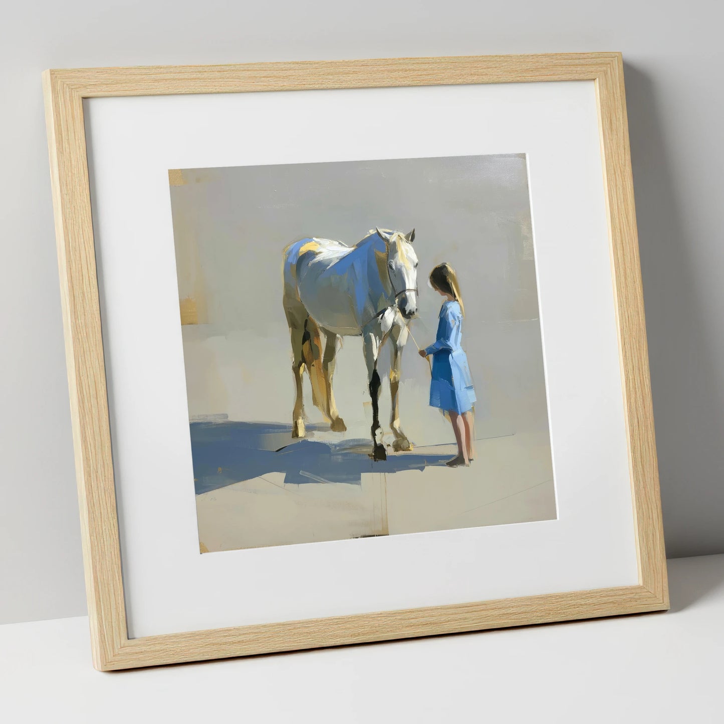 Sunlit Connection horse & rider art print in natural frame