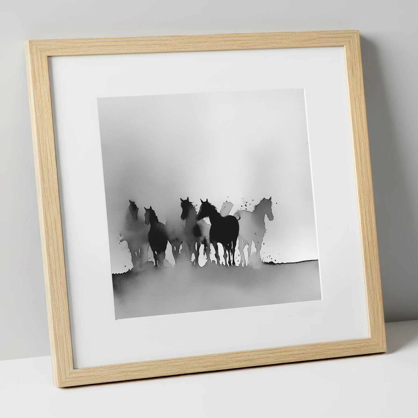 Ethereal Herd Silhouettes wild horses art print in natural frame