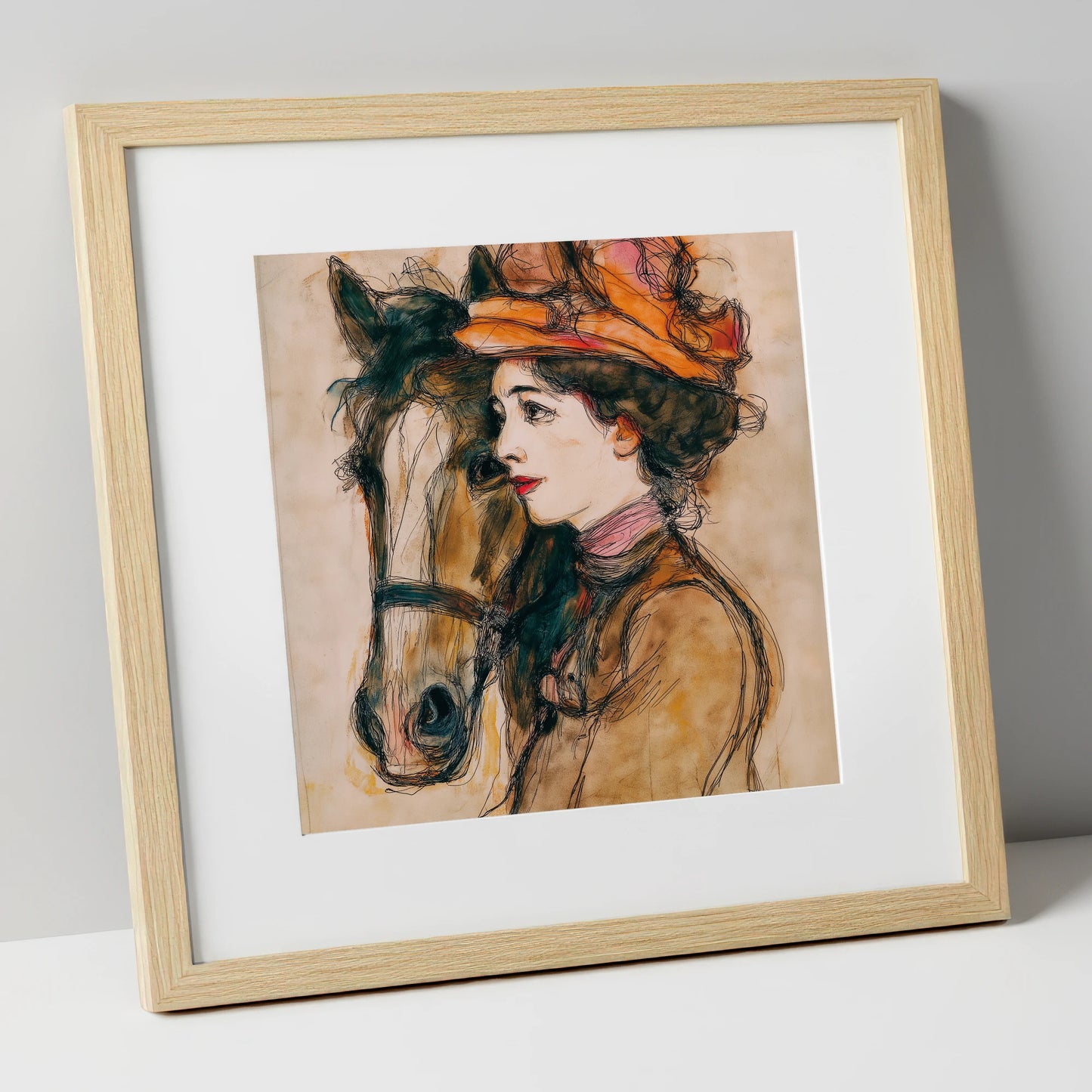 A Shared Silence horse & rider art print in natural frame
